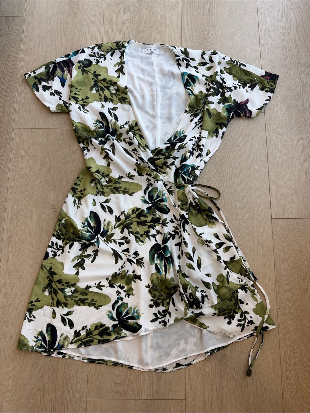 Aritzia White Wrap Dress with Olive Green & Teal Floral Print